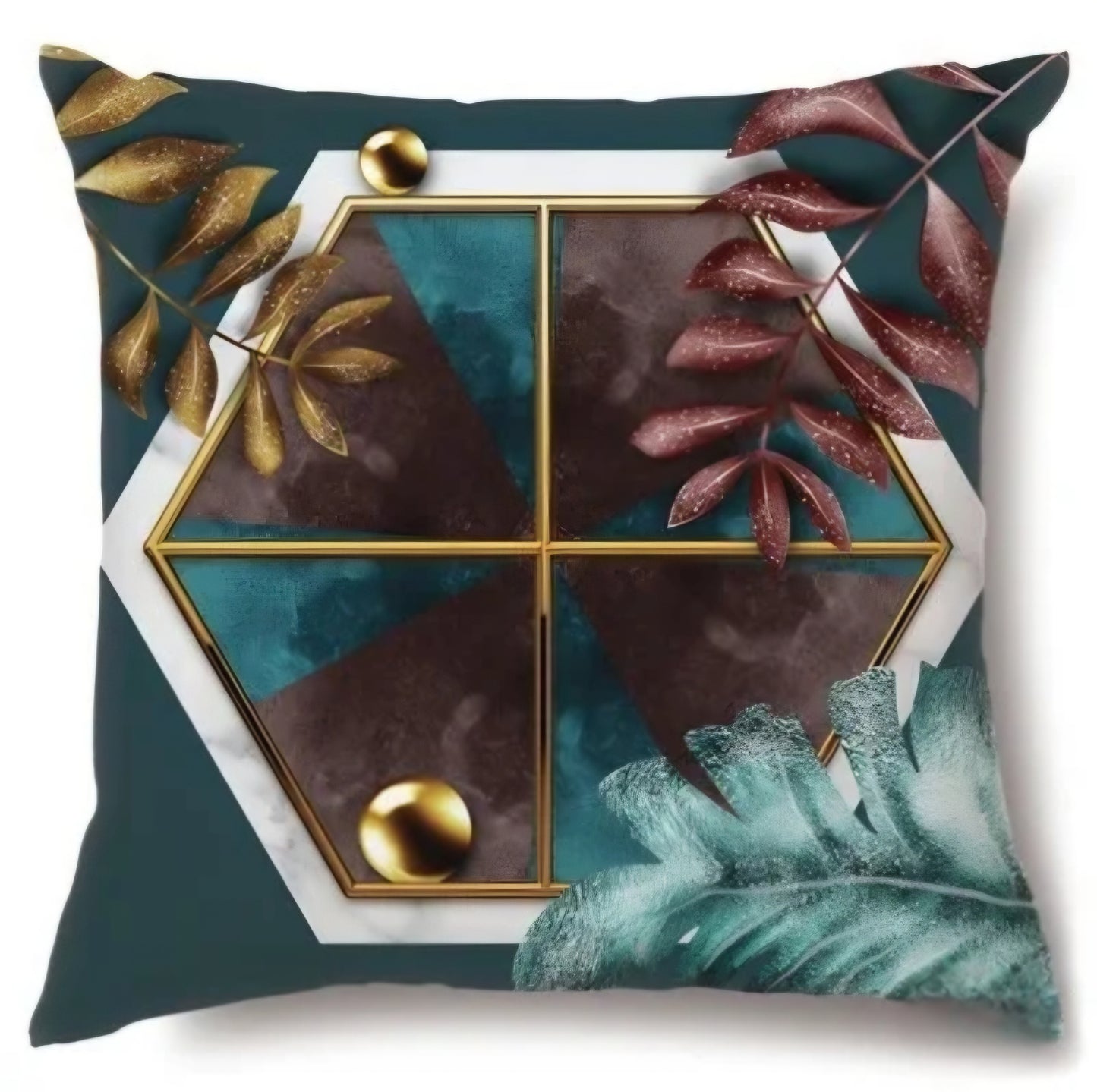 Decorative pillow with geometric design and leaf patterns on a white background