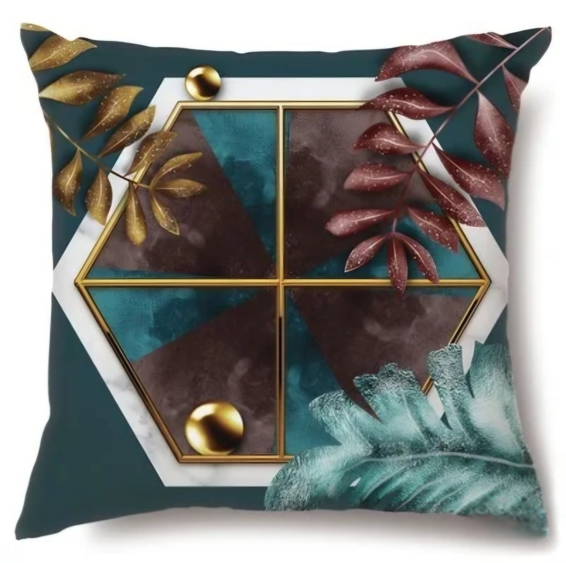 Decorative pillow with geometric design and leaf patterns on a white background